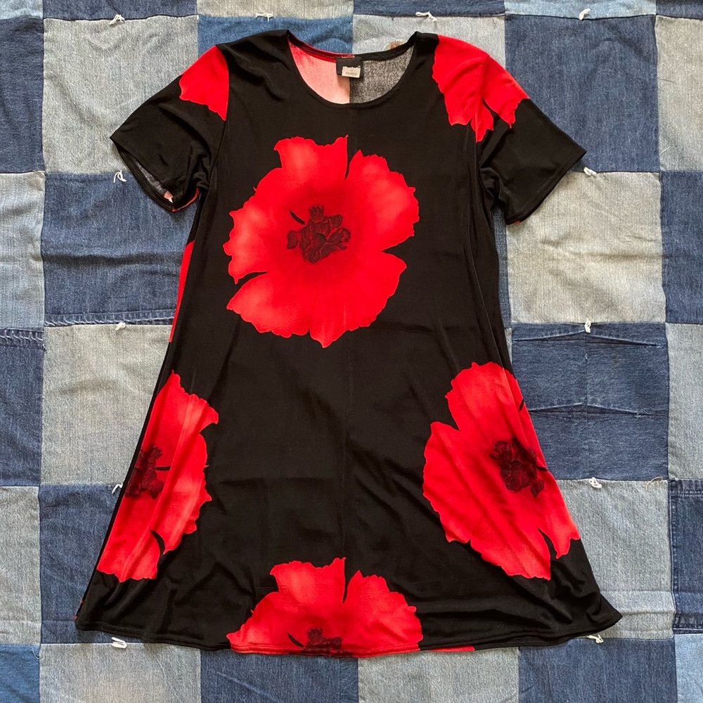 vtg jostar red & black floral dress size M